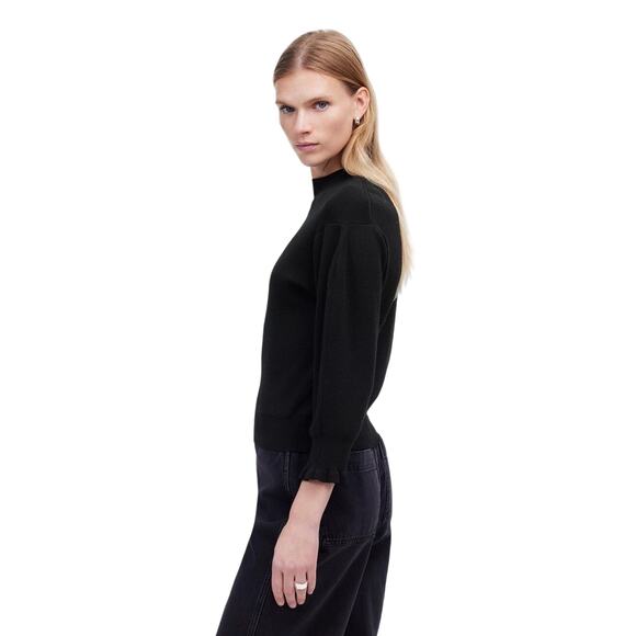 Madewell Black Merino Wool Mockneck Sweater S Puff Sleeve Ruffle Hem NWT - Picture 2 of 8